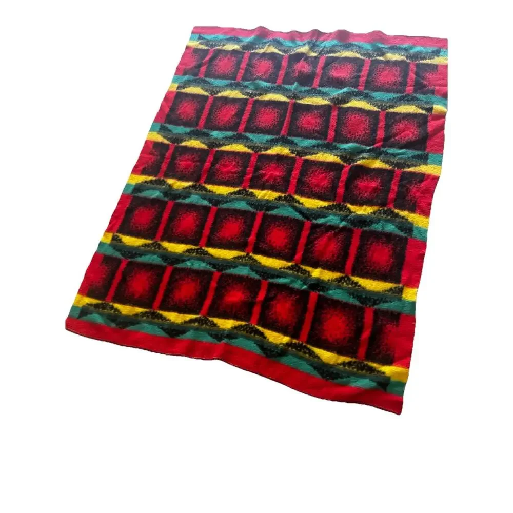 Vintage 1980s Reversible Wool Blend Acrylic Throw Blanket Retro Geometric